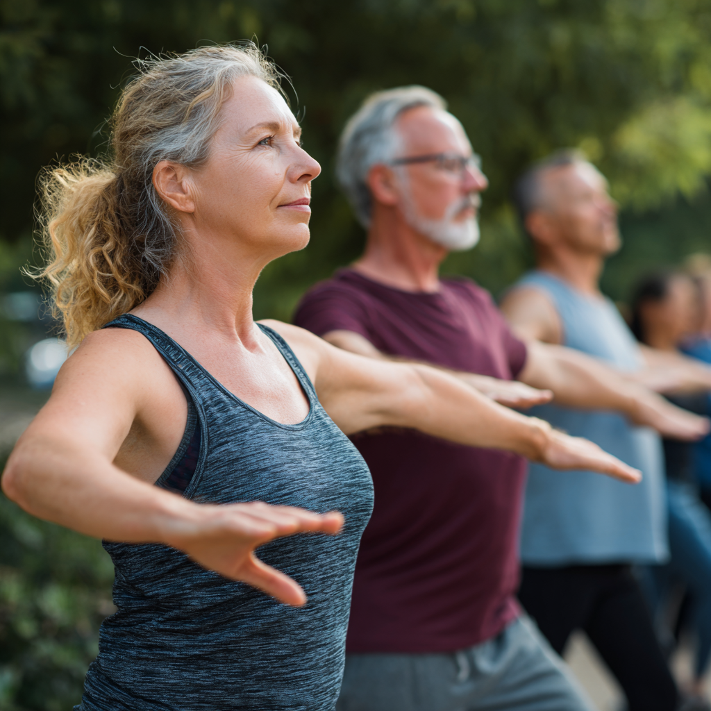 Middle-aged adults practicing functional movement exercises in natural setting