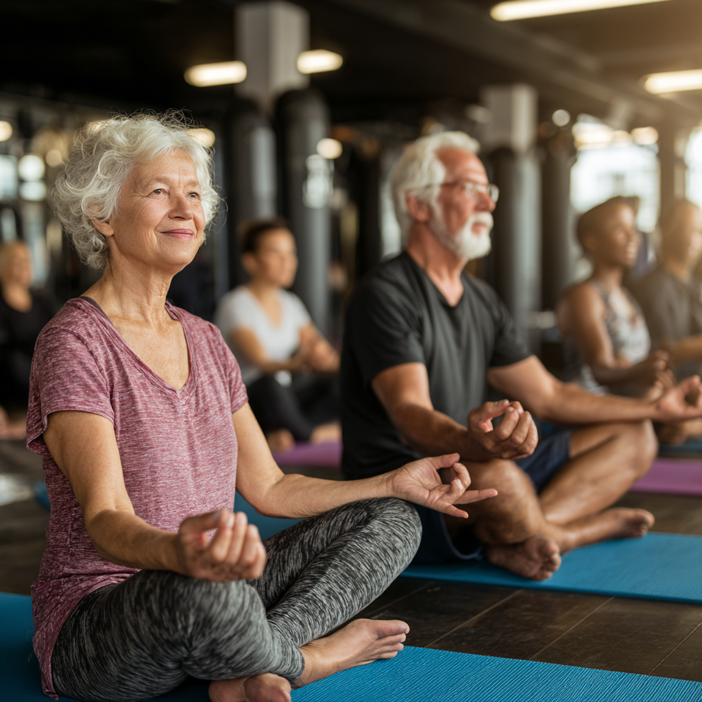 Older adults engaging in mindful fitness activities with professional guidance